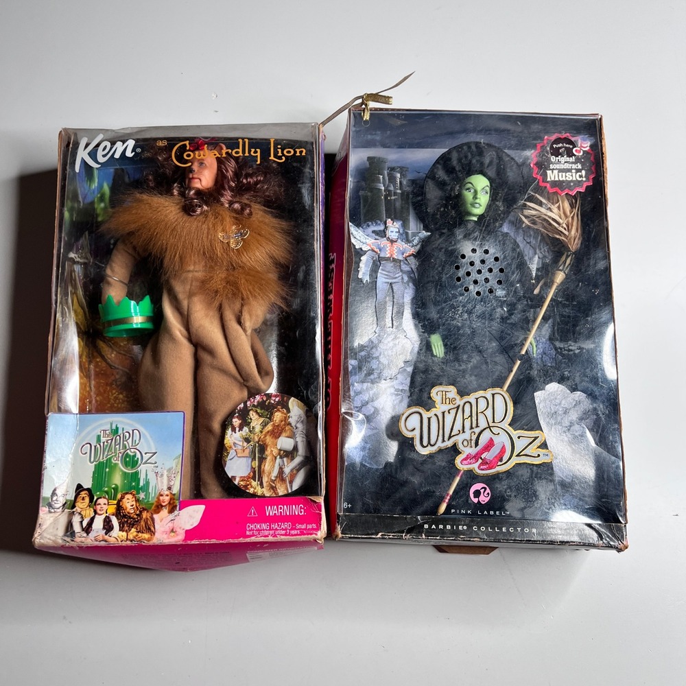 Wizard of Oz‎ Barbie Ken Cowardly Lion & Wicked Witch Pink Label Doll Set NIB